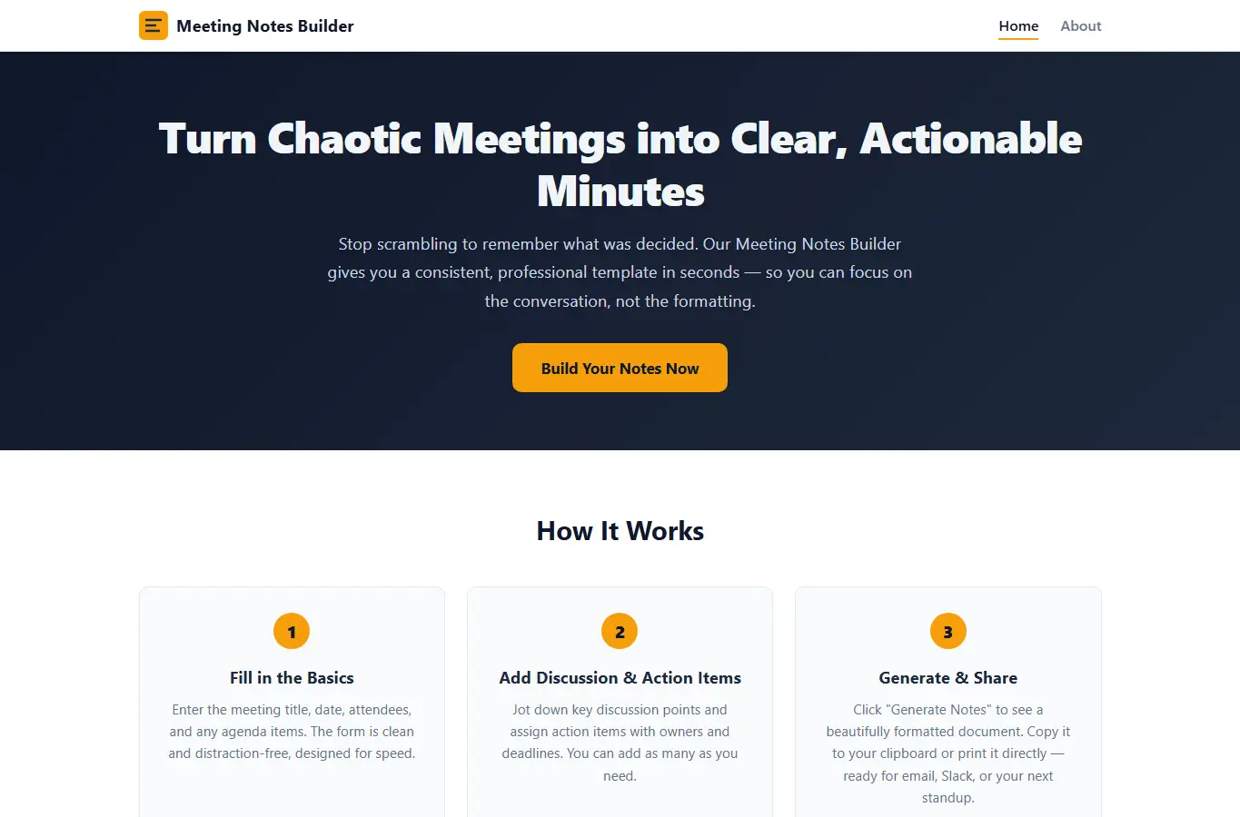 Screenshot of Meeting Notes Builder interface showing the project page in use
